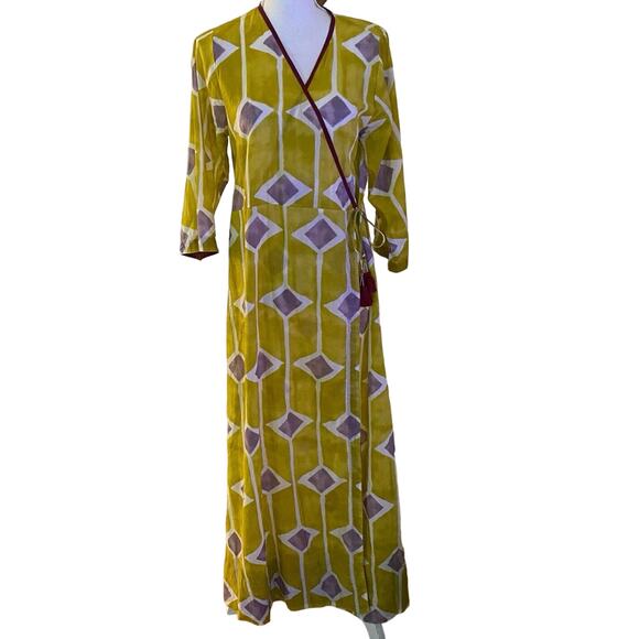Dolma Size M Iris Long Wrap Dress Maxi Chartreuse Geometric Print Tassels Boho - Picture 1 of 5